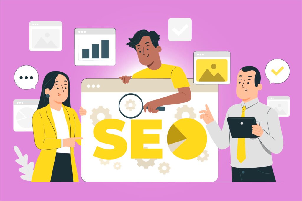 Representación gráfica del concepto SEO con personajes interactuando con elementos de análisis y optimización