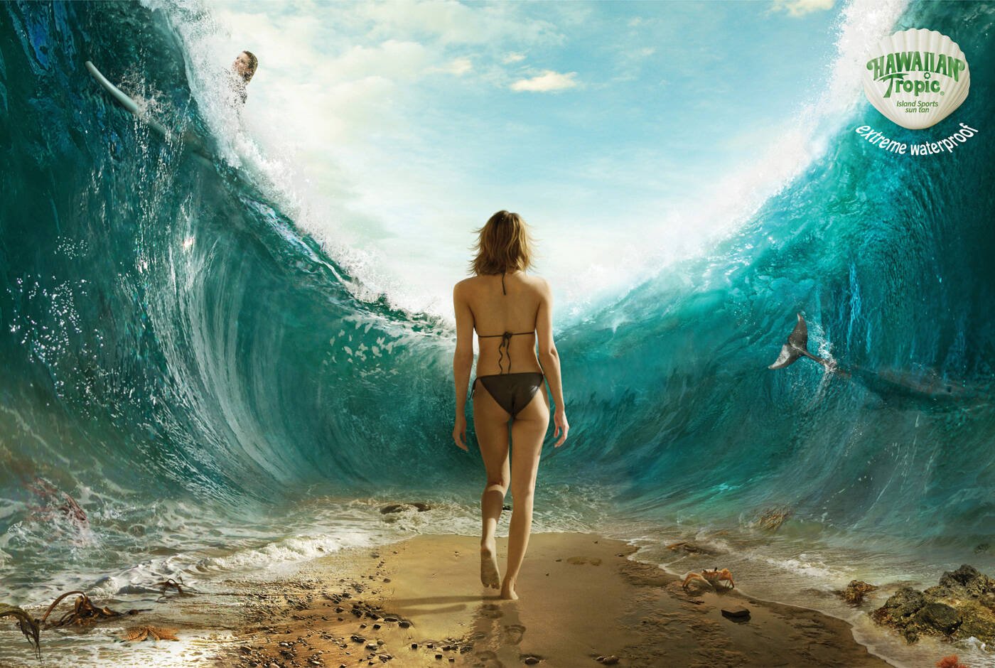 Visual conceptual de una mujer caminando entre muros de agua, usada para ilustrar resistencia al agua en contexto de cuidado solar.